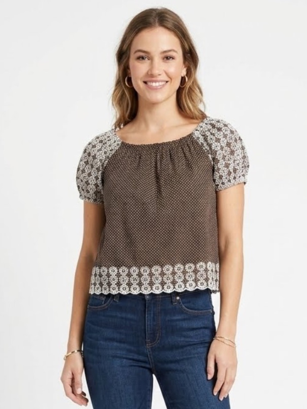 POPULATION Brown and White Polka Dot Puffed Sleeve Top